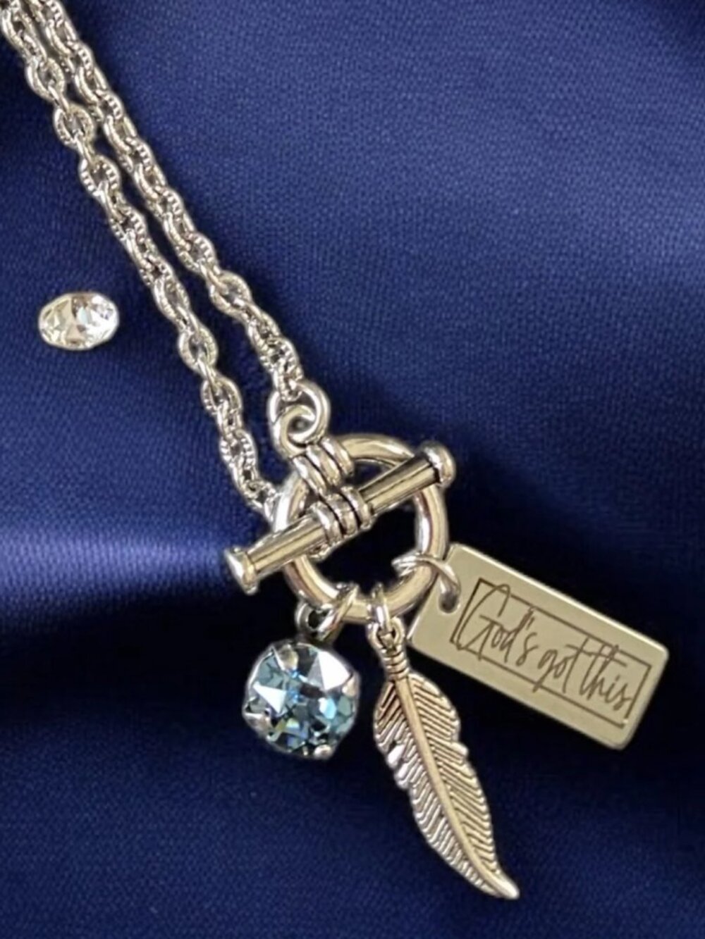 God's Got This Charm - Under His Feathers Toggle Necklace - Blue Crystal